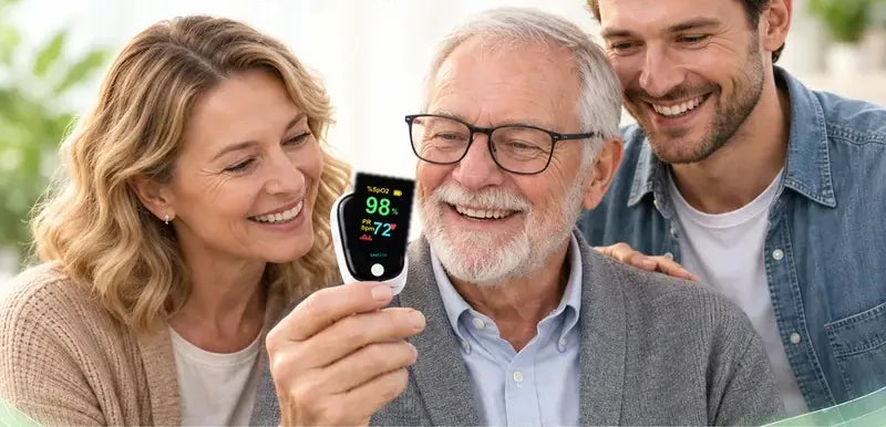 An adult daughter and son showing their father his reading on the oximeter