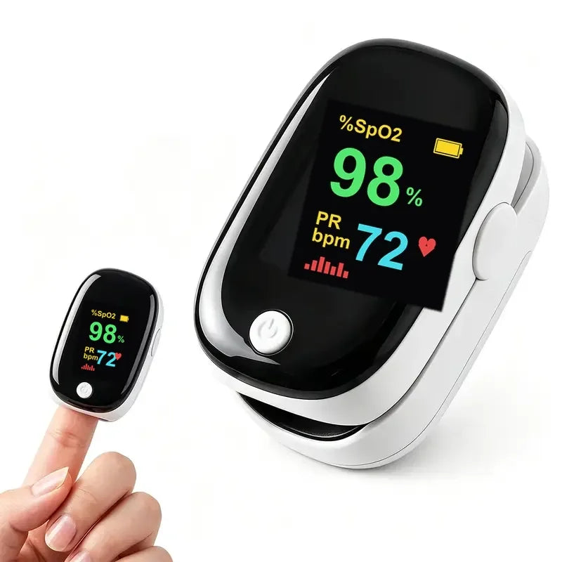 HZ Life Fingertip Pulse Oximeter showing 98% oxygen and 72 bpm on a bright OLED screen