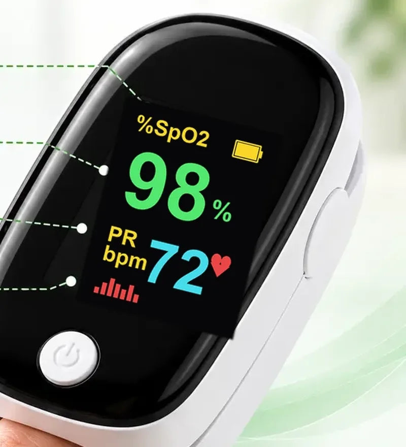 Close-up of the bright OLED display showing oxygen and pulse rate
