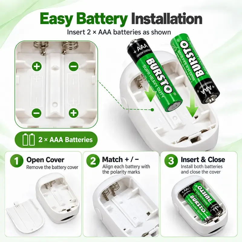 Easy battery installation with two AAA batteries